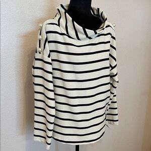 Zara Black & White Striped Pearl-Button Cowl Sweater